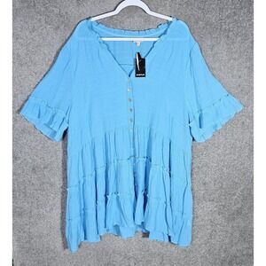 NWT Avenue Crinkle Gauze Flowy Top Womens Size 26/28 Azure Blue Tiered Button Up